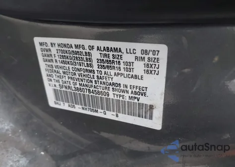 2007 Honda Odyssey Ex-L z USA, uszkodzony, nr VIN 5FNRL38607B458609